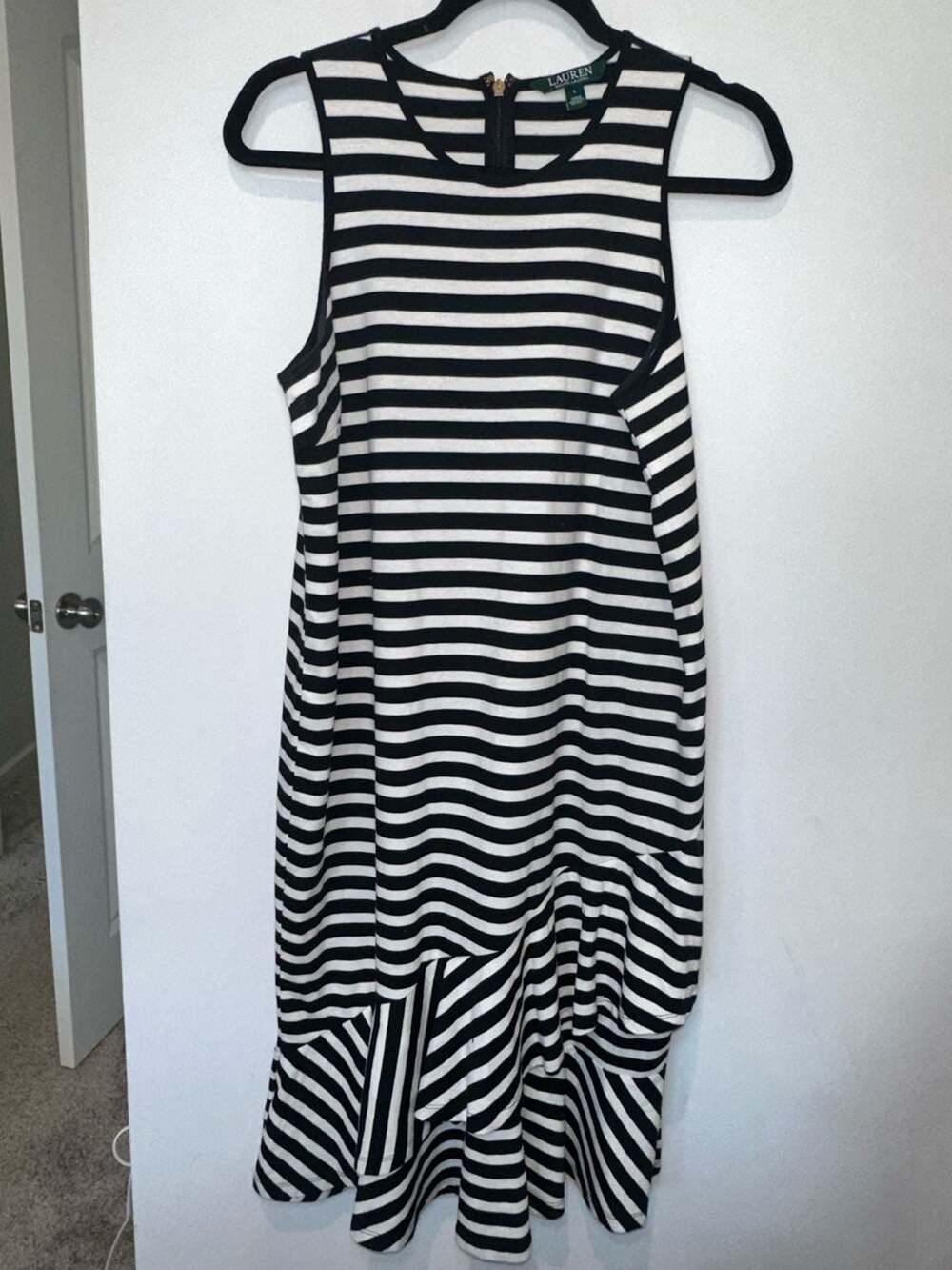 100% Cotton Ralph Lauren Women's Striped Asymmetrical Flounce Dress Blue White L